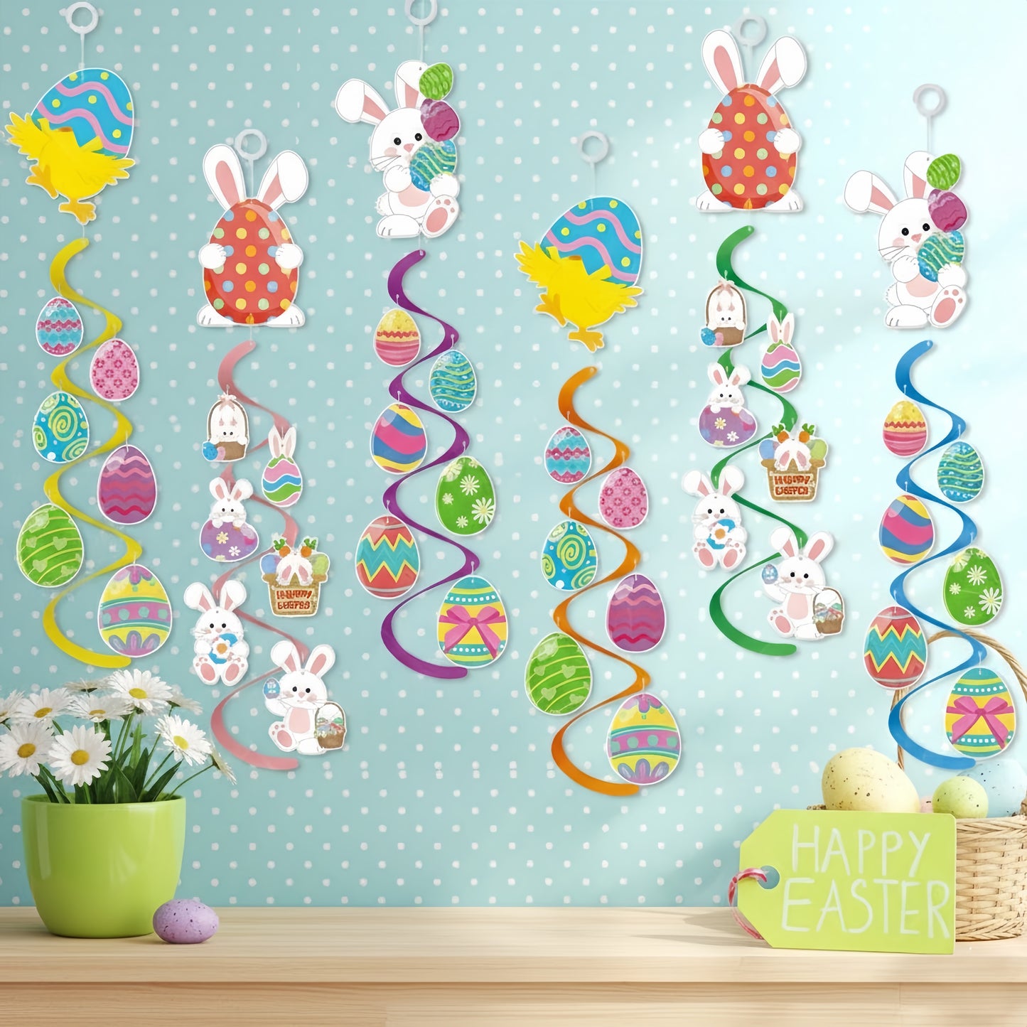 Easter Hanging Swirl Decorations - Vibrant Bunny & Colorful Egg Ceiling Streamers